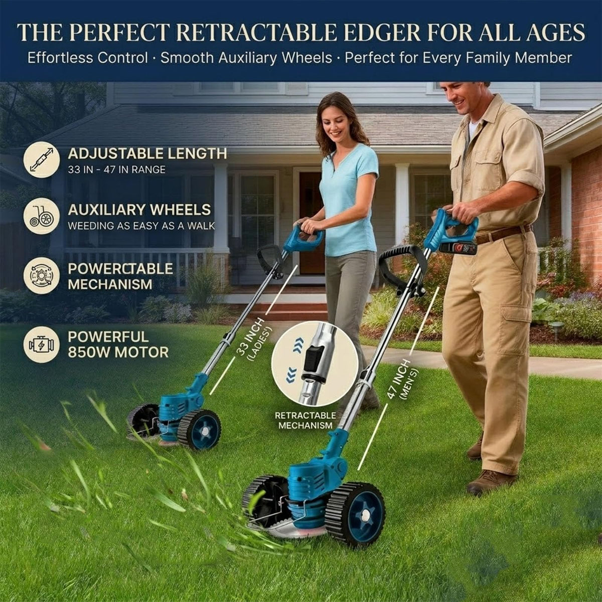 PericGrip lawn edger with wheels for clean edging along sidewalks.