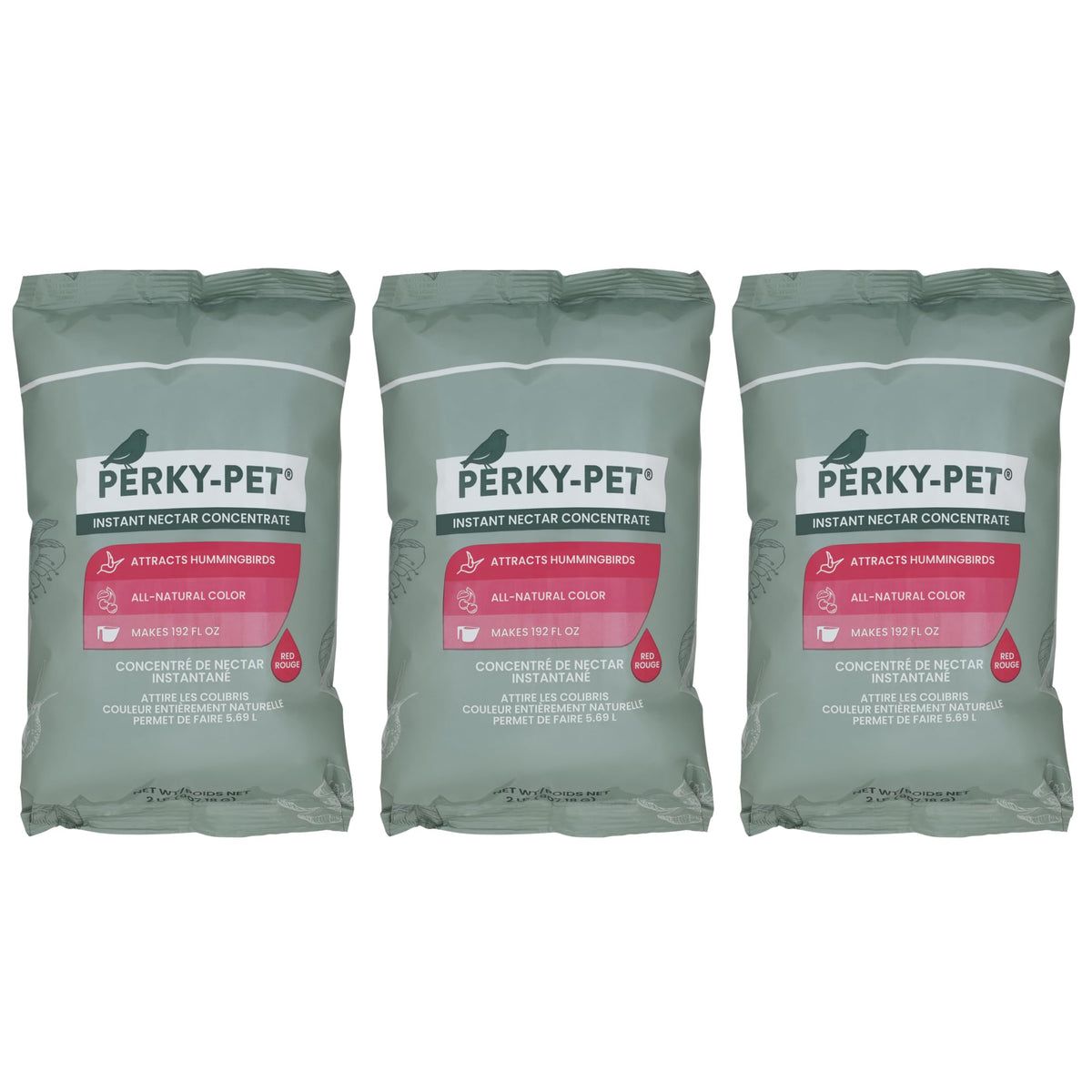 Perky-Pet 244SFB three-pack nectar concentrate attracts hummingbirds with vibrant red color.