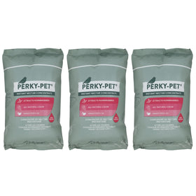Perky-Pet 244SFB three-pack nectar concentrate attracts hummingbirds with vibrant red color.