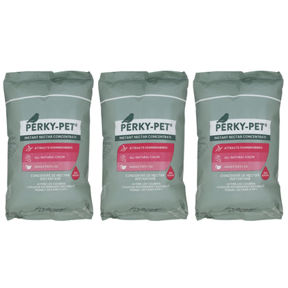 Perky-Pet 244SFB three-pack nectar concentrate attracts hummingbirds with vibrant red color.