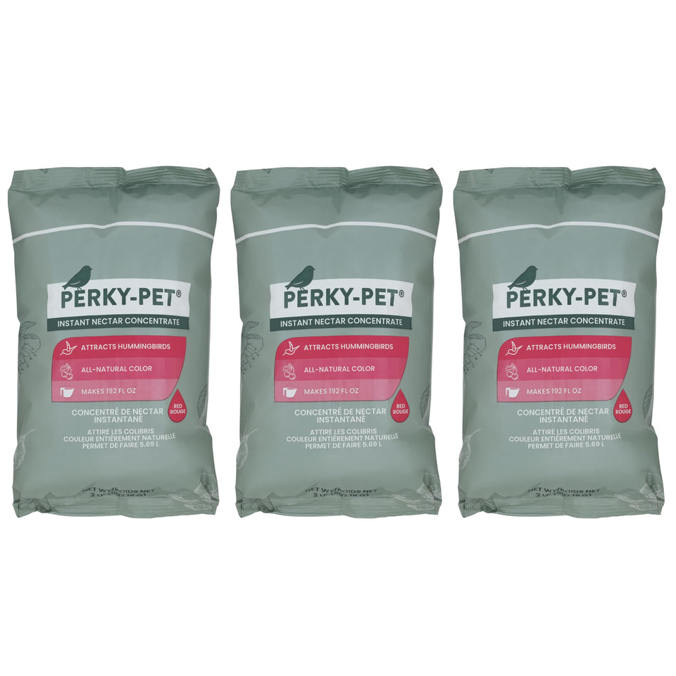 Perky-Pet 244SFB three-pack nectar concentrate attracts hummingbirds with vibrant red color.