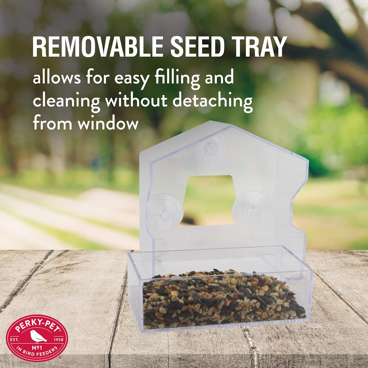 Angled roof design on Perky-Pet feeder helps keep seeds dry.
