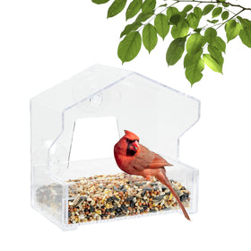 Perky-Pet Clear Window Bird Feeder offers close-up viewing of colorful birds.