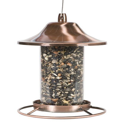 Perky-Pet Copper Panorama feeder with seed-tray enables 360-degree feeding for birds.