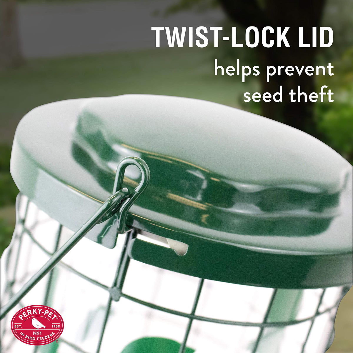Perky-Pet durable powder-coated metal withstands weather and nibbling from critters.