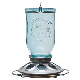 Perky-Pet Mason Jar Wild Bird Feeder with vintage blue bottle for backyard feeding.