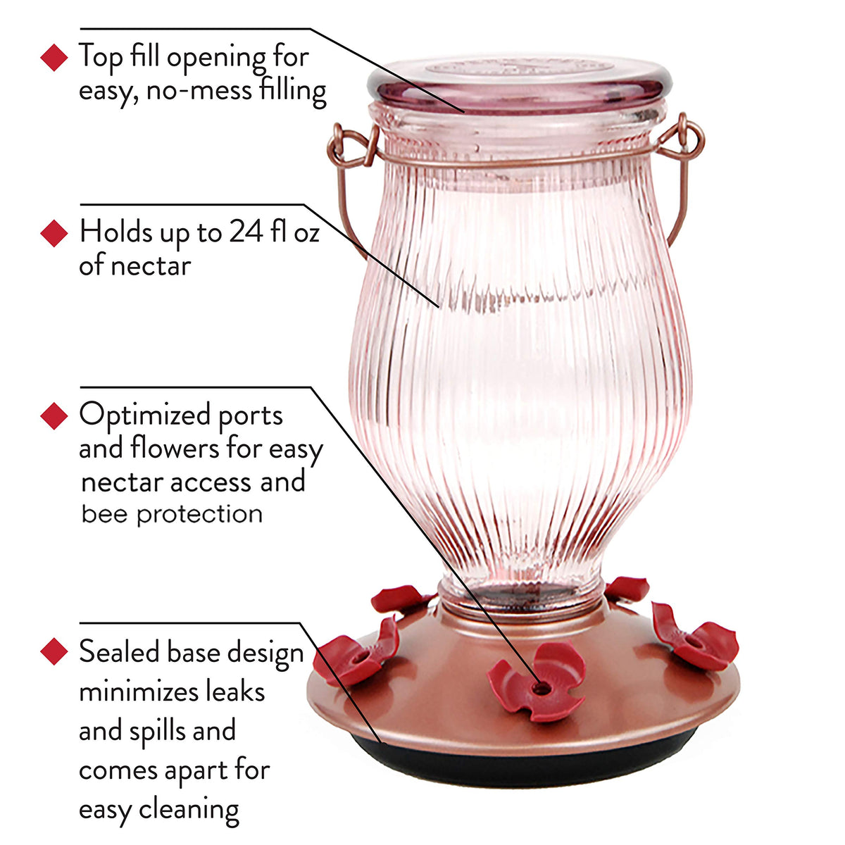Perky-Pet Rose Gold outdoor feeder setup invites visiting birds.