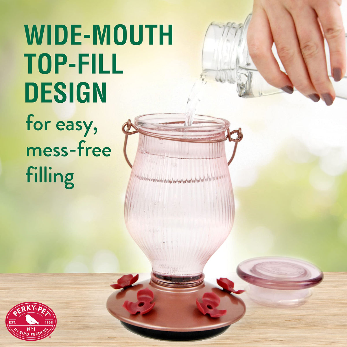 Perky-Pet Rose Gold wide-mouth opening for quick nectar refills.