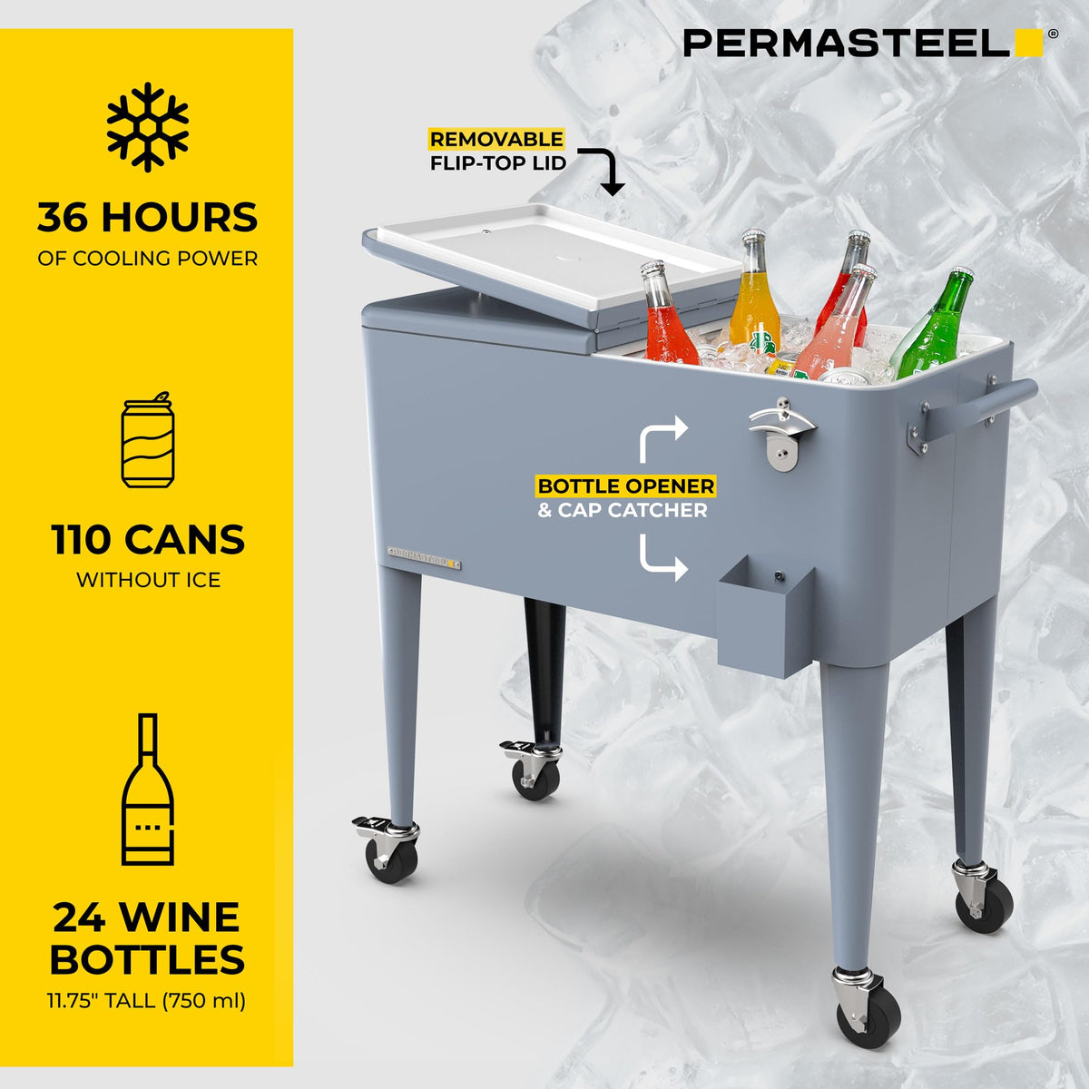 Permasteel 110-can capacity plus ice space keeps beverages chilled