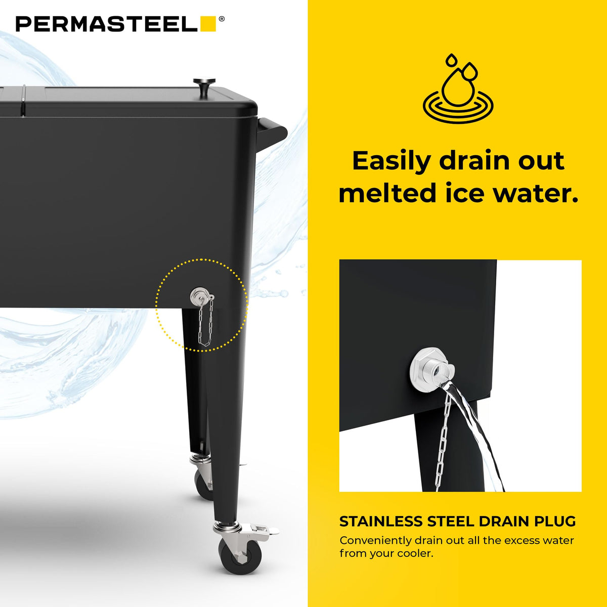 Permasteel Party Cooler includes built-in bottle opener and cap catcher.