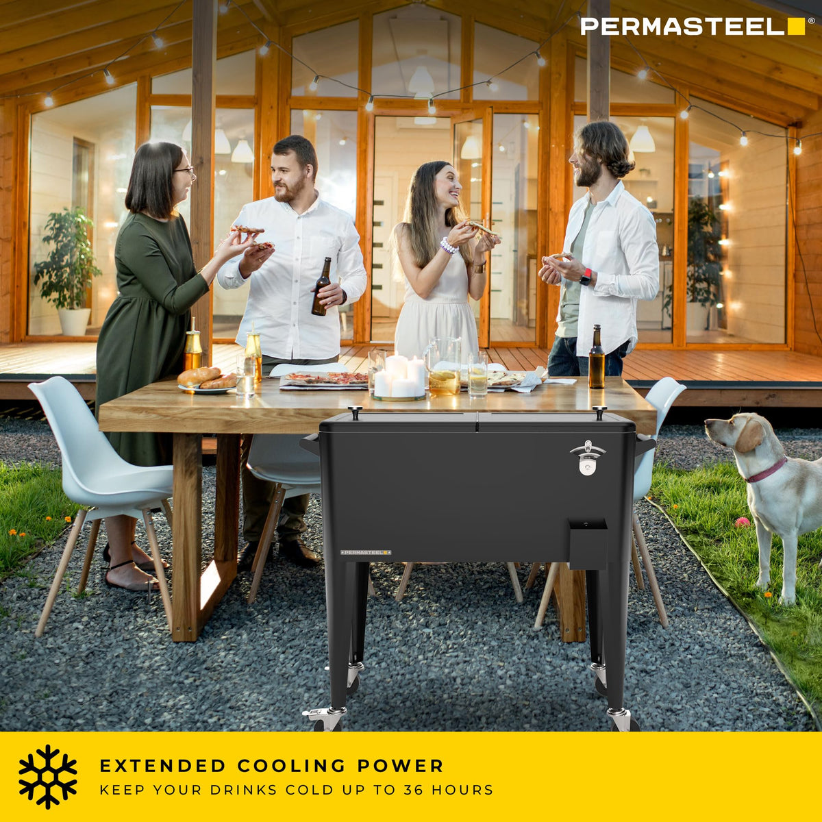 Permasteel Party Cooler on rolling wheels enables easy outdoor mobility.
