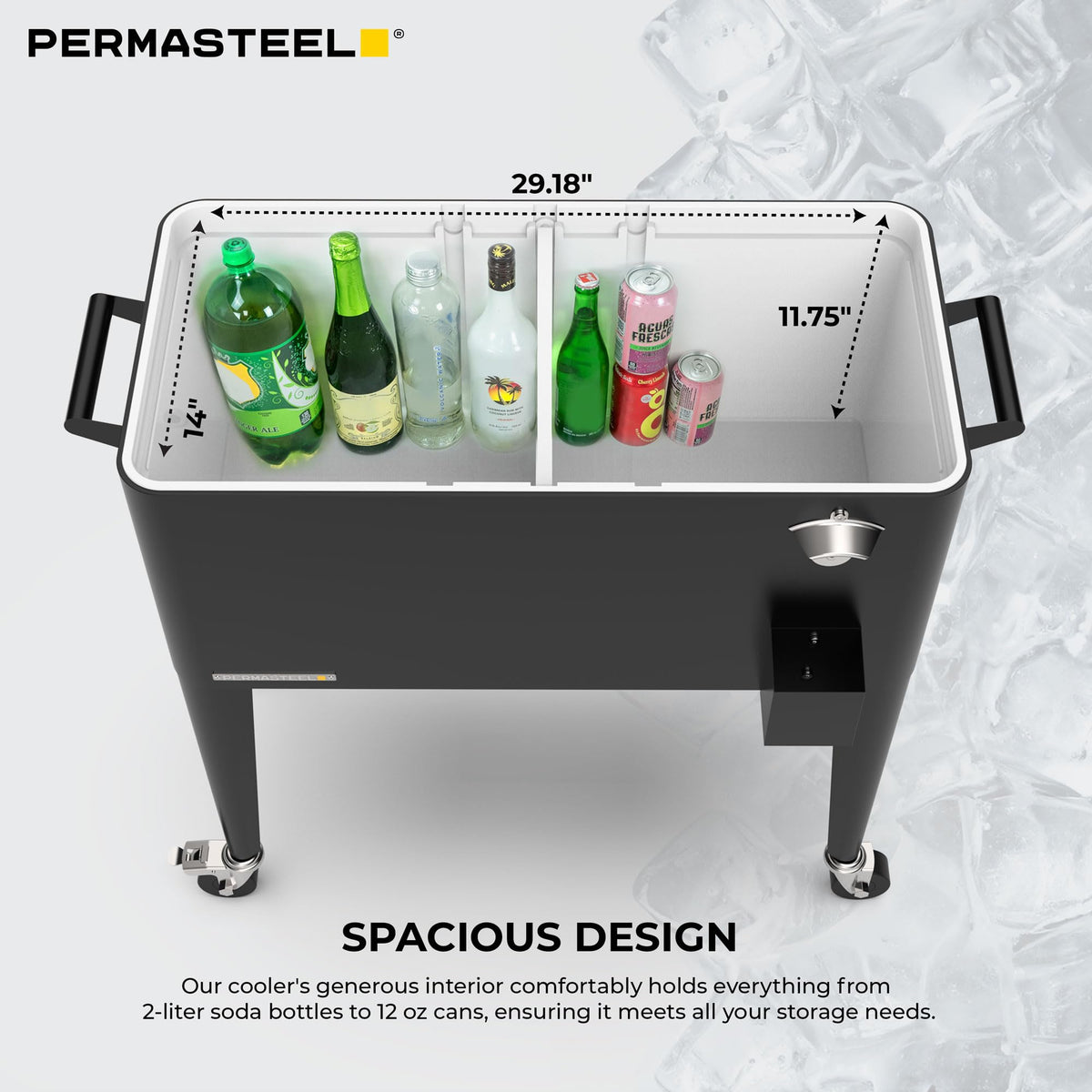 Permasteel Party Cooler offers stable mobility with locking wheels.