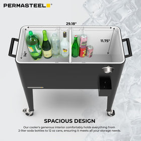 Permasteel Party Cooler offers stable mobility with locking wheels.