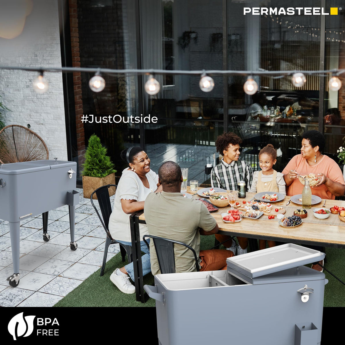 Permasteel poolside-ready cooler shown in outdoor party setup