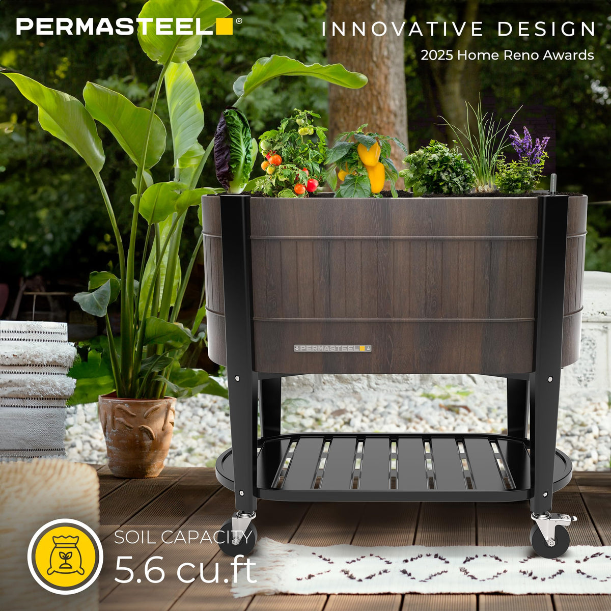 Permasteel powder-coated steel finish resists rust for long-lasting outdoor use.