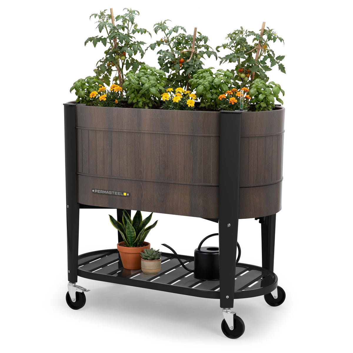 Permasteel raised garden bed with legs offers easy access for planting and maintenance.