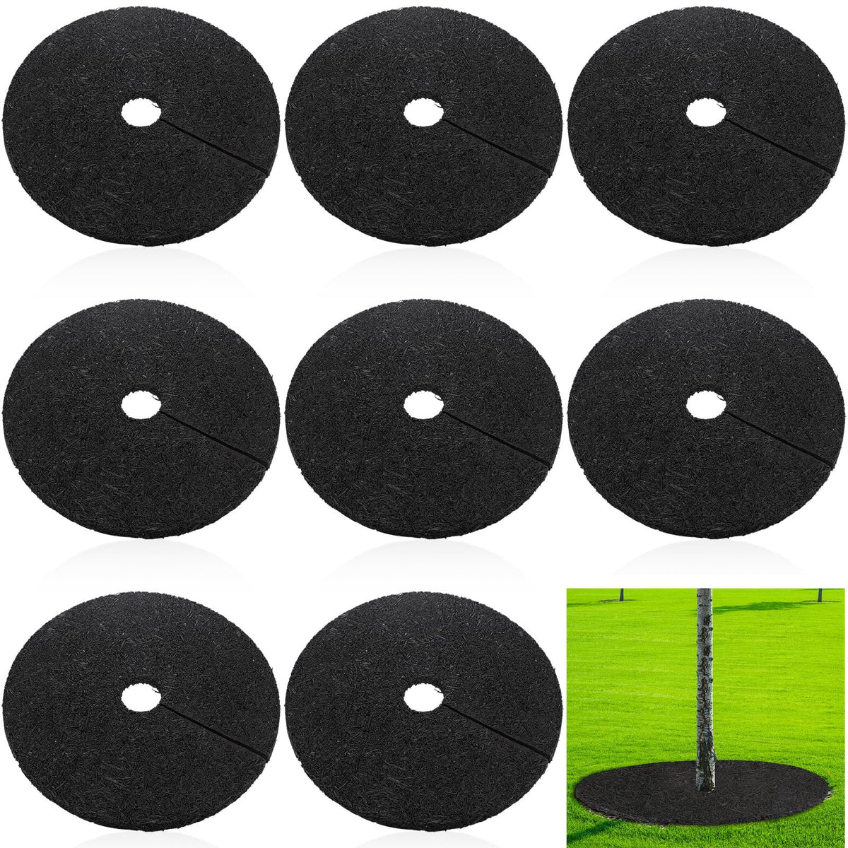 Peryiter 6-pack rubber tree rings around a trunk for weed control and moisture balance.