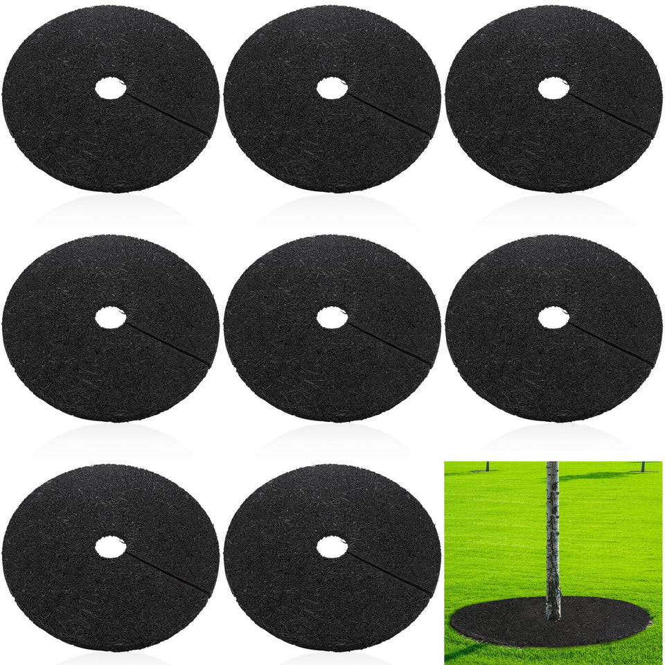 Peryiter 6-pack rubber tree rings around a trunk for weed control and moisture balance.