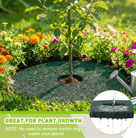 Peryiter rubber mulch ring demonstrates pre-cut hole for quick placement around a trunk.