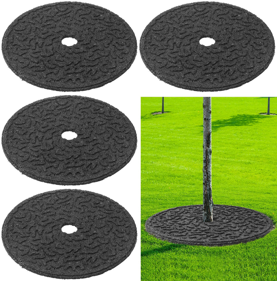 Peryiter rubber tree ring with 24-inch diameter protects roots and blocks weeds.