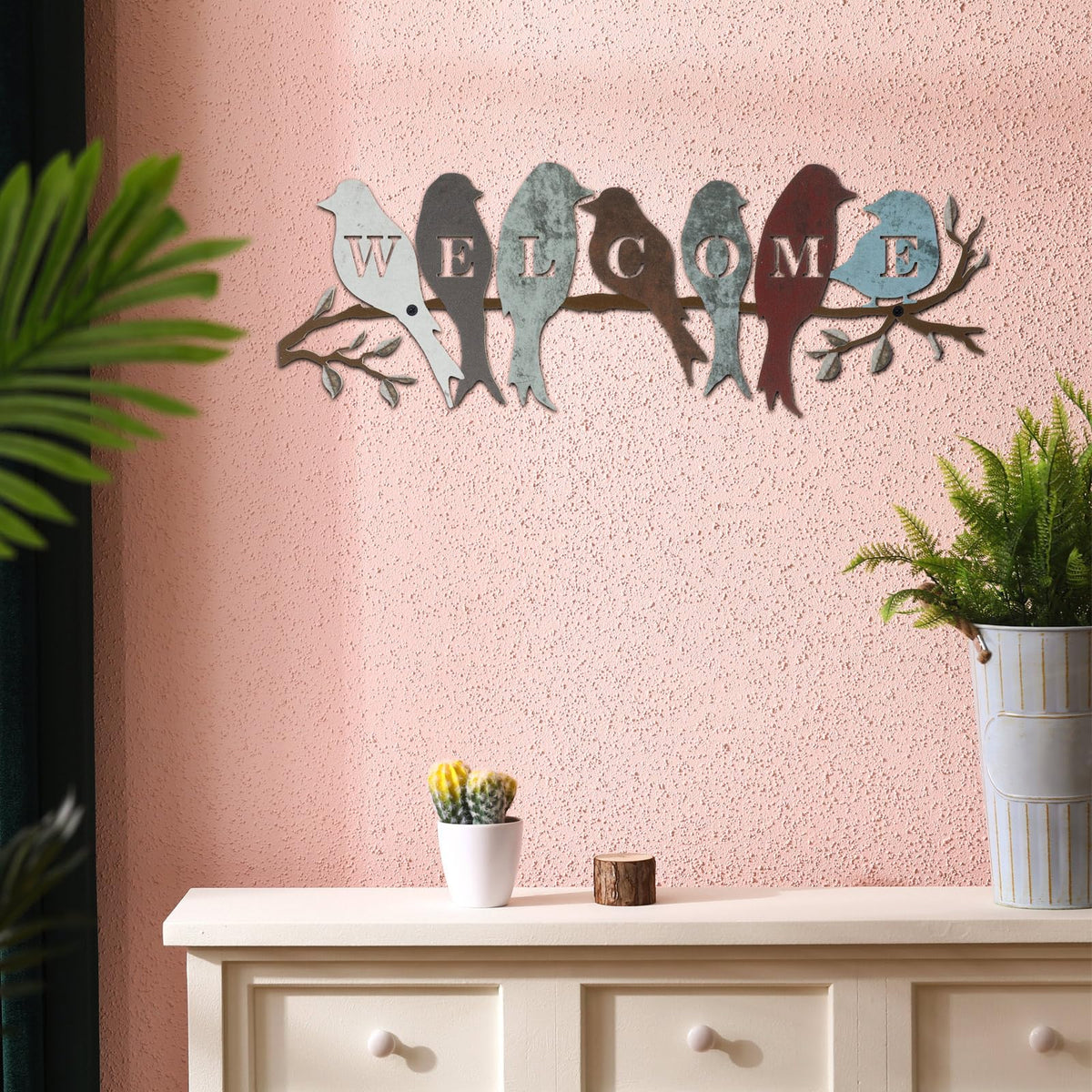 Rustic farm-style metal sign enhances living room or garden wall