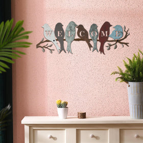 Rustic farm-style metal sign enhances living room or garden wall