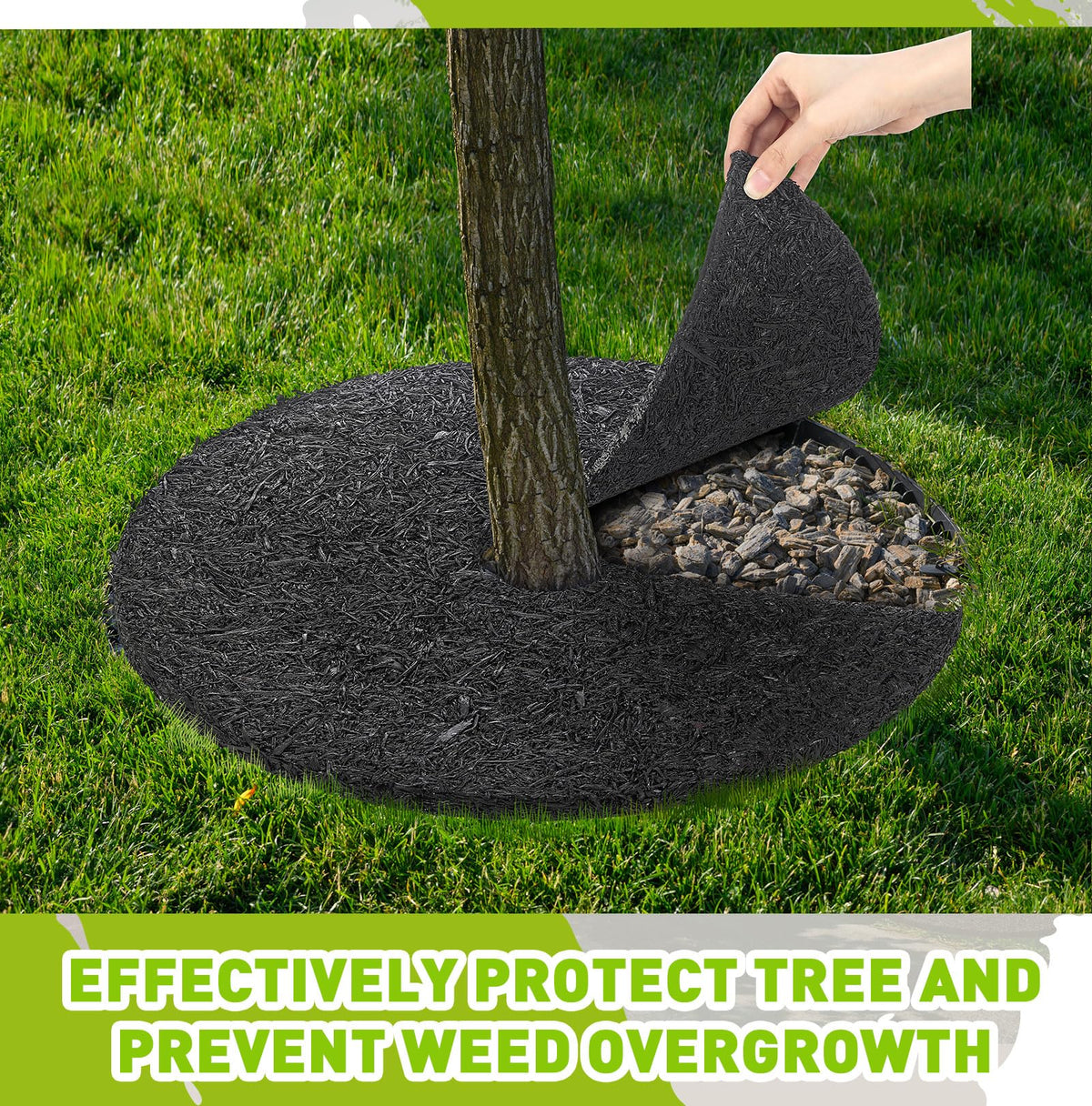Peryiter round root barrier mat placed around a tree to deter weeds.