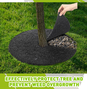 Peryiter round root barrier mat placed around a tree to deter weeds.