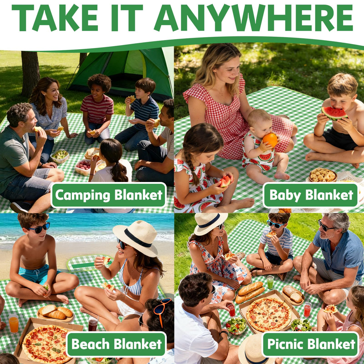 Pesilo picnic blanket in use with family seating on grass.