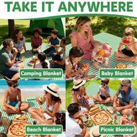 Pesilo picnic blanket in use with family seating on grass.