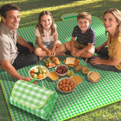 Pesilo picnic blanket green gingham laid out on grass for family seating.