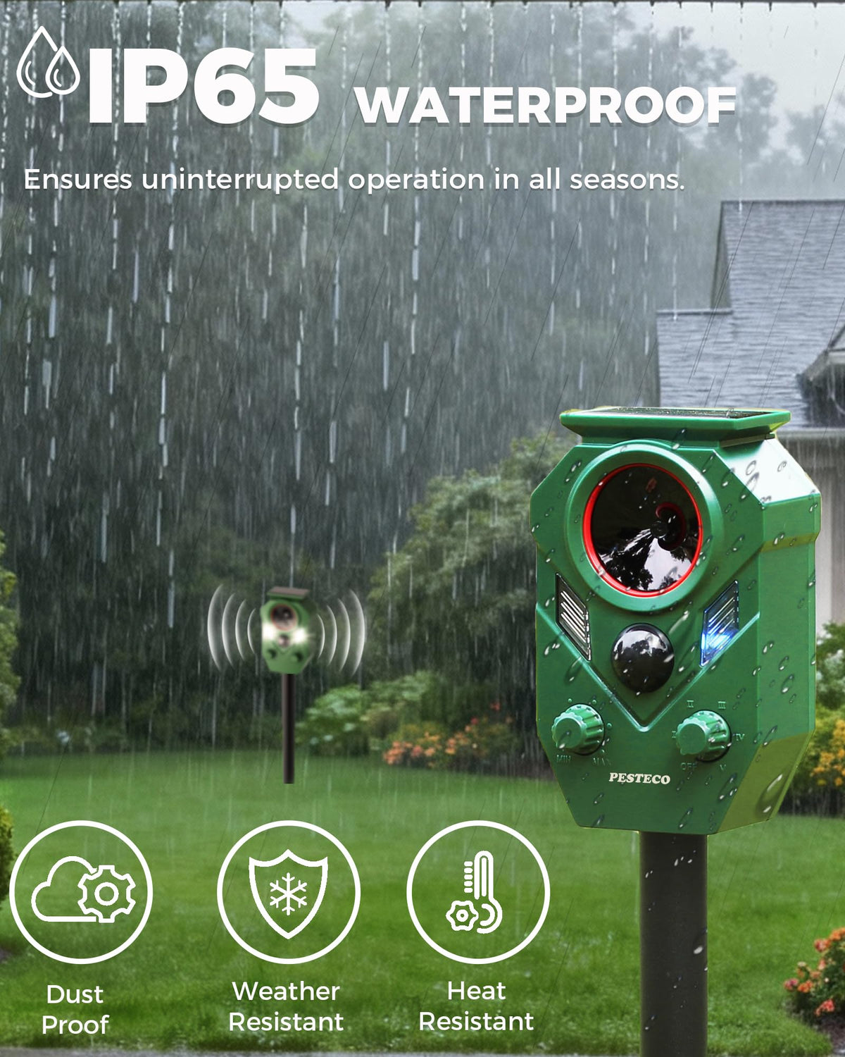 PESTECO IP65 waterproof animal deterrent withstands rain and snow year round.