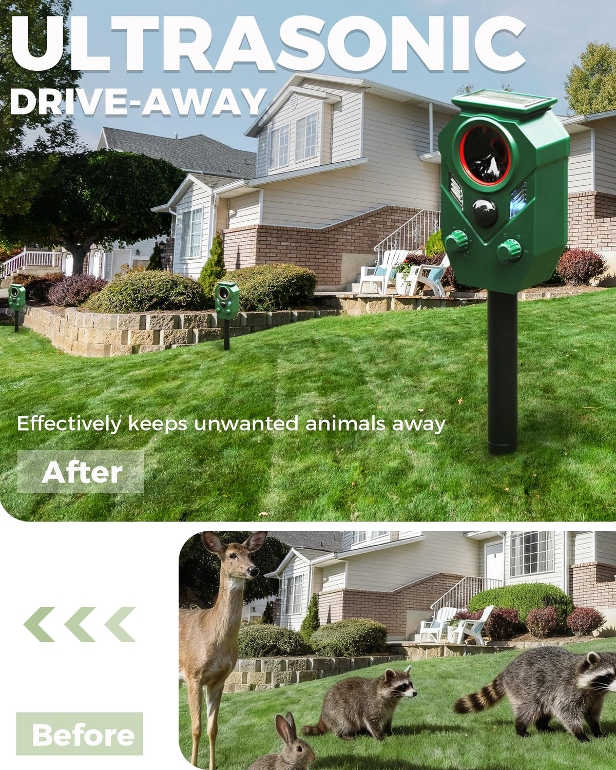 PESTECO PIR motion activation highlights quick, automatic deterrence as animals approach.