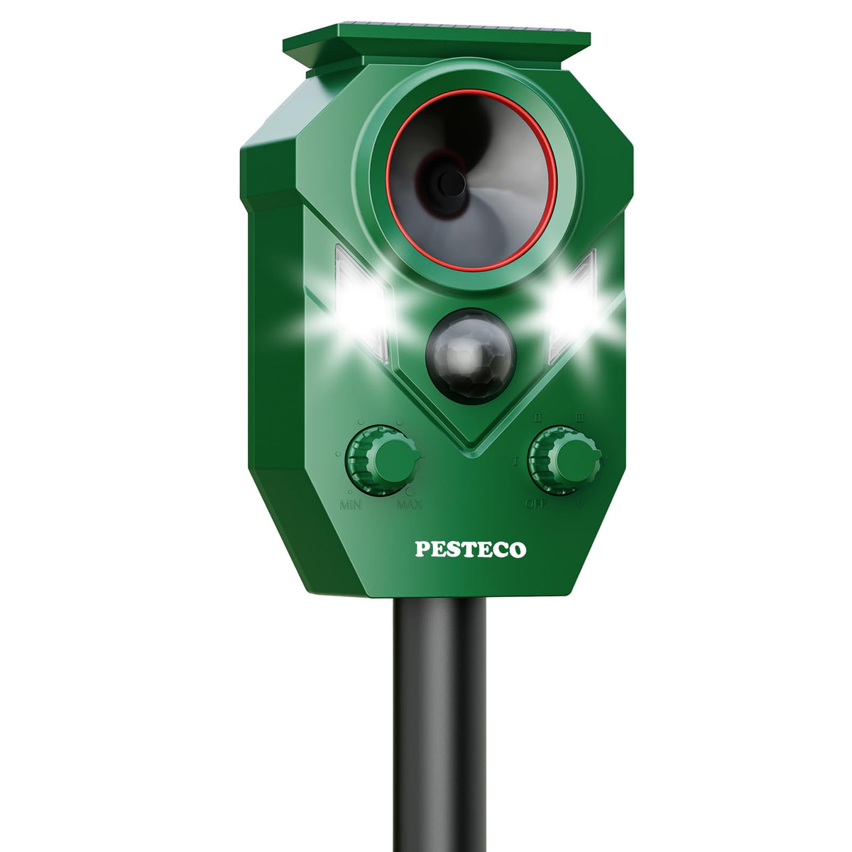PESTECO solar animal repeller outdoor guards your yard from wildlife at dawn and dusk.