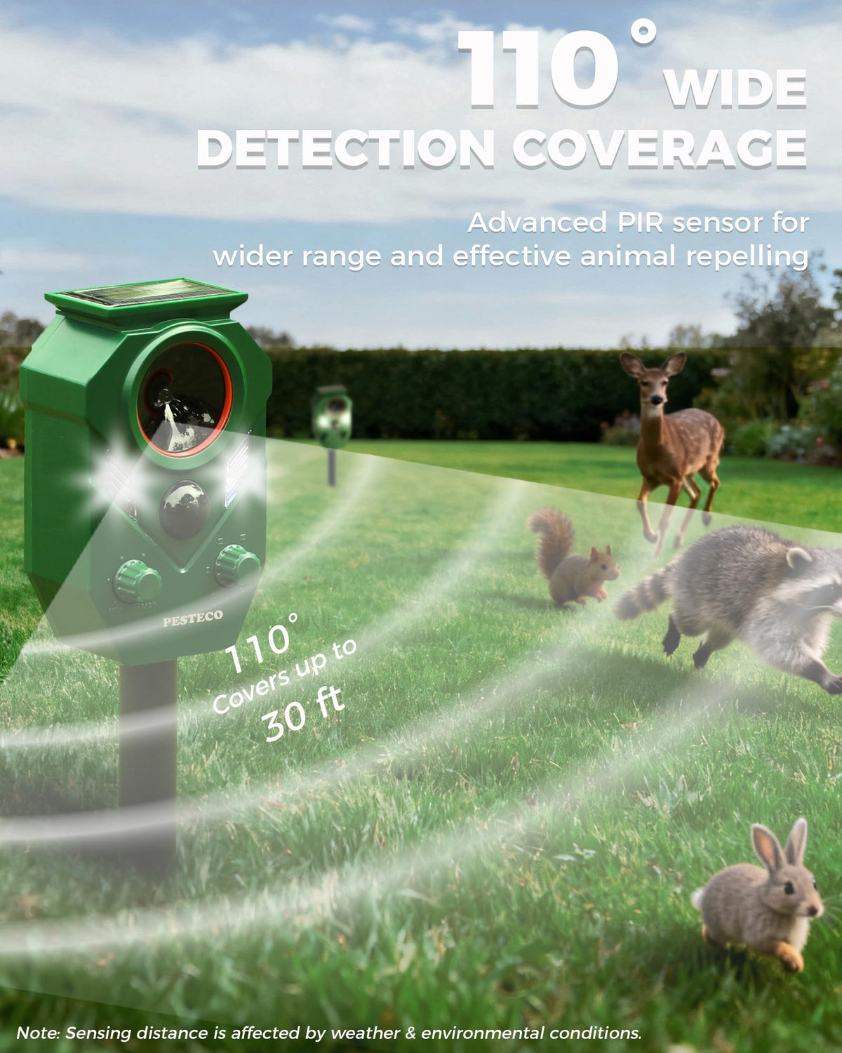 PESTECO ultrasonic cat deterrent with PIR demonstrates motion-triggered deterrence.
