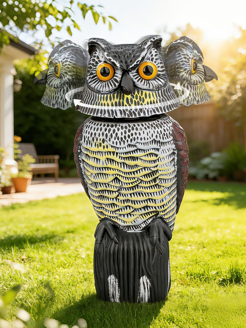 Pestvanish garden owl statue with rotating head adds lifelike movement to the yard outdoors