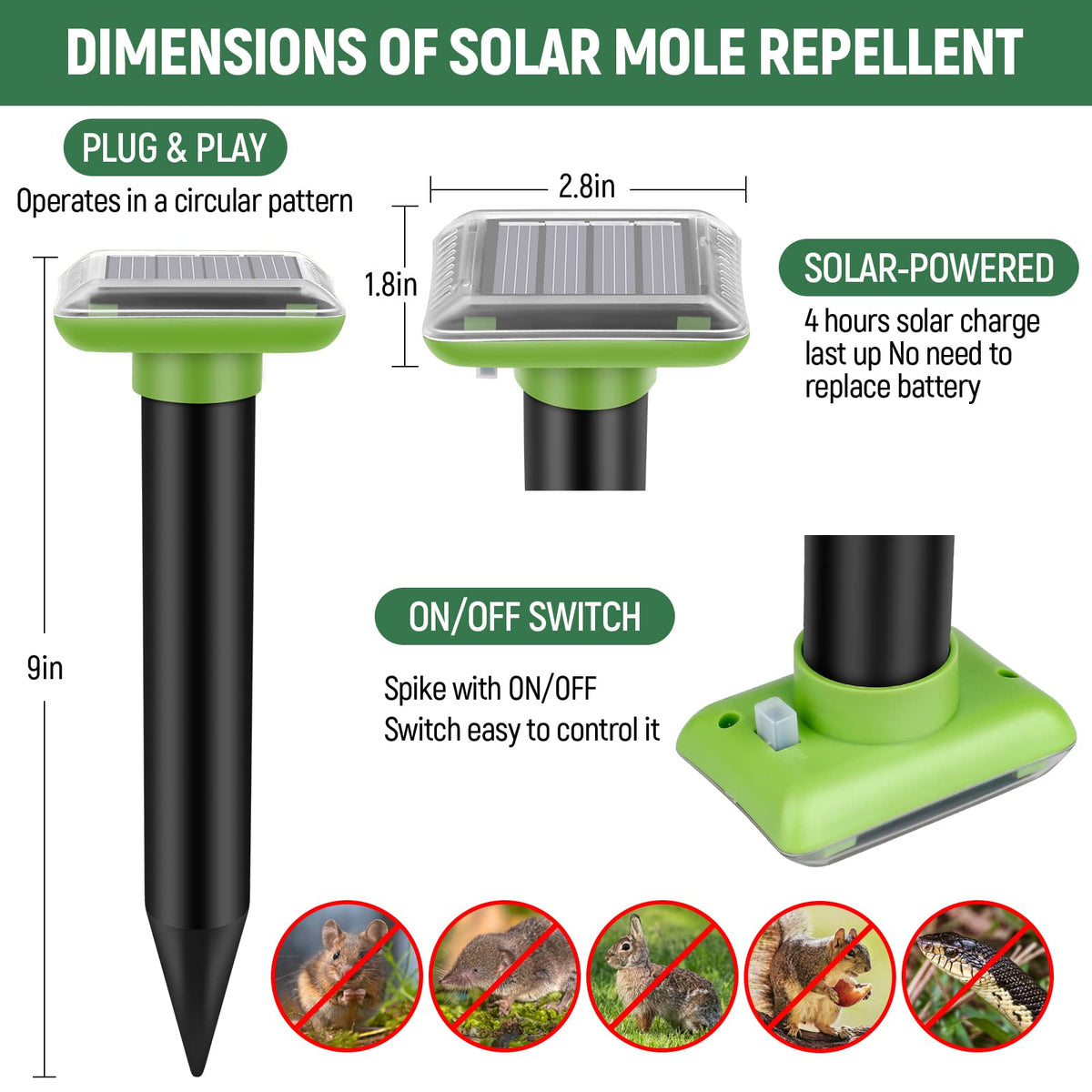 Pestvanish Solar Power Gopher Repeller Sticks ground to protect lawns from burrowing pests.
