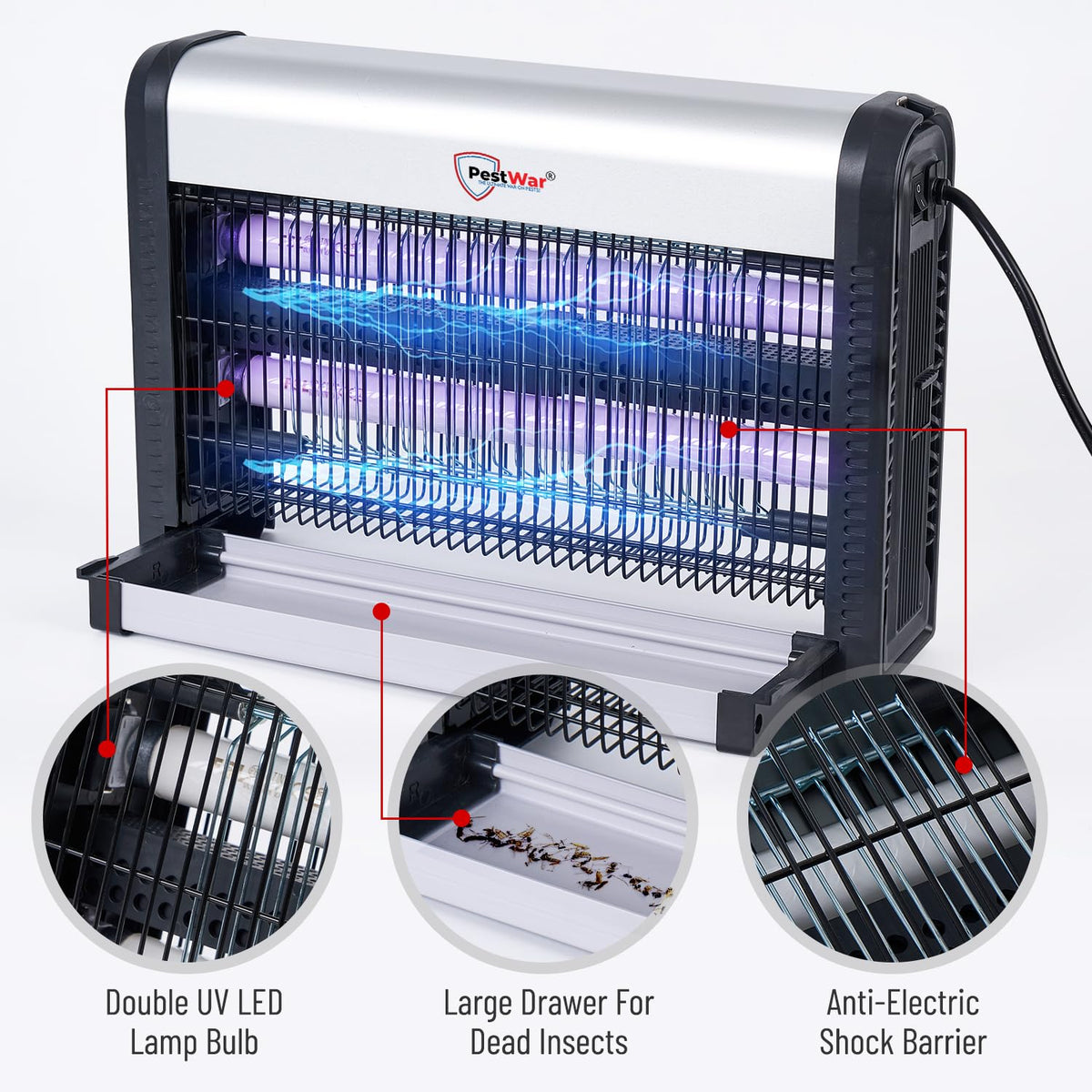PestWar high-voltage 3500V grid delivers rapid zap of flying insects.