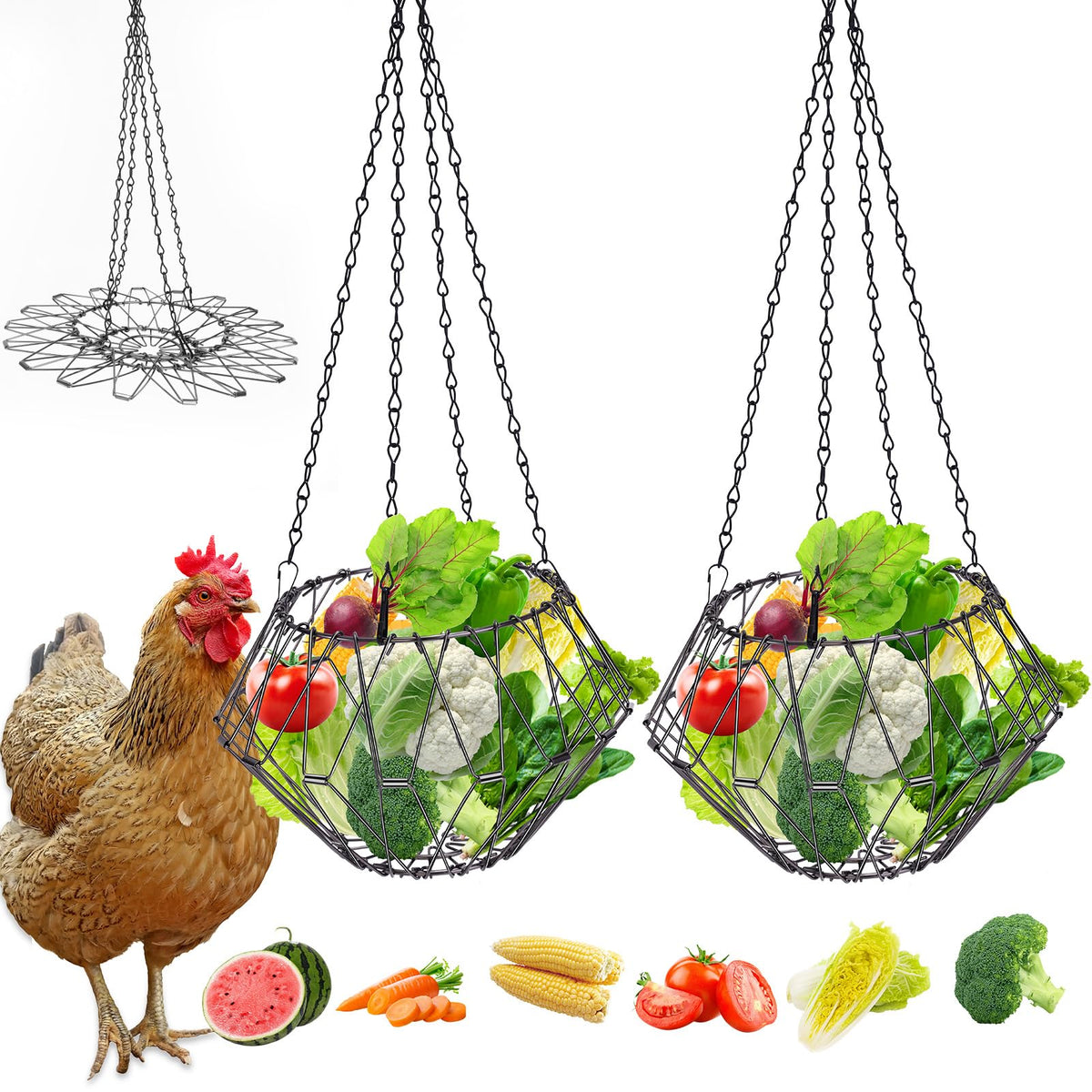 Pet Baby hanging chicken feeder assembly shown in coop setup for durability