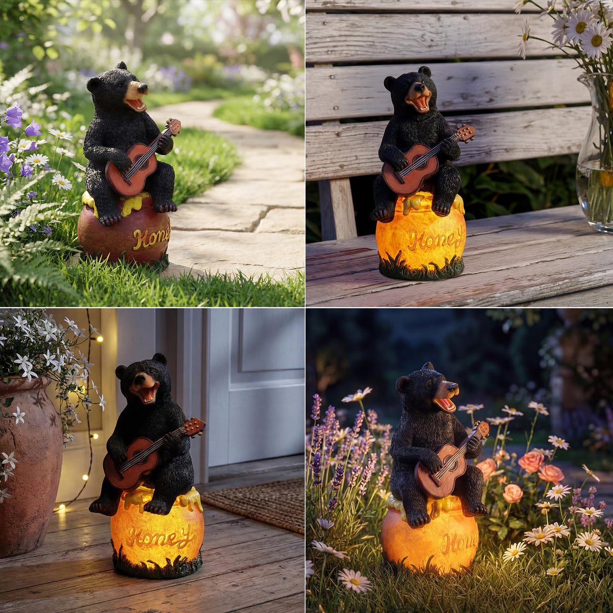 PETAFLOP bear yard decor with honey jar glow enhances patios and lawns after dark.