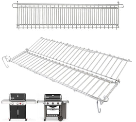PETKAO 66044 grill warming rack installed on Weber Genesis II for extra cooking space.