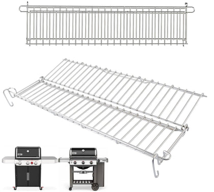 PETKAO 66044 grill warming rack installed on Weber Genesis II for extra cooking space.