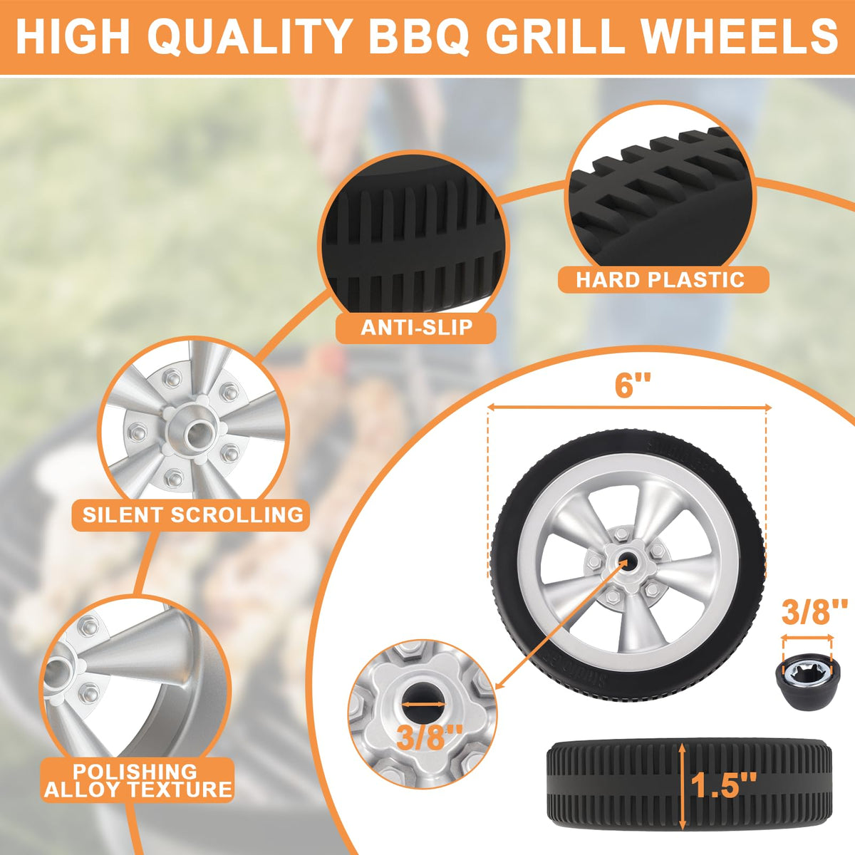 PETKAO BBQ wheels installed on a Weber 22 kettle for portable grilling.