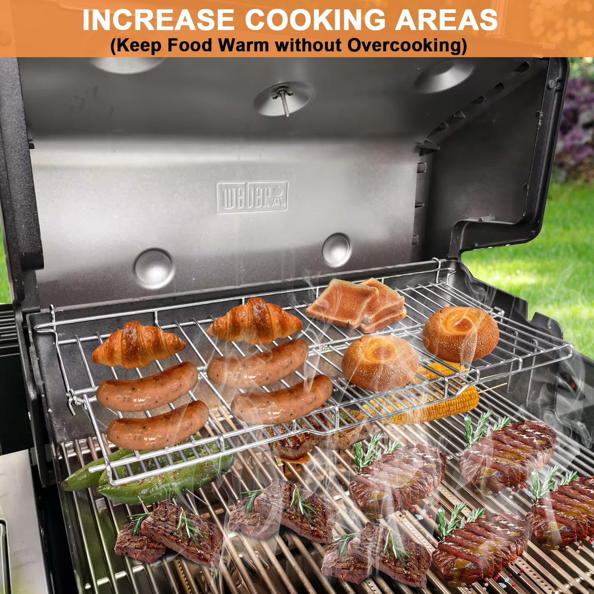 Easy-install PETKAO warming rack for Weber Genesis II produces quick upgrade.
