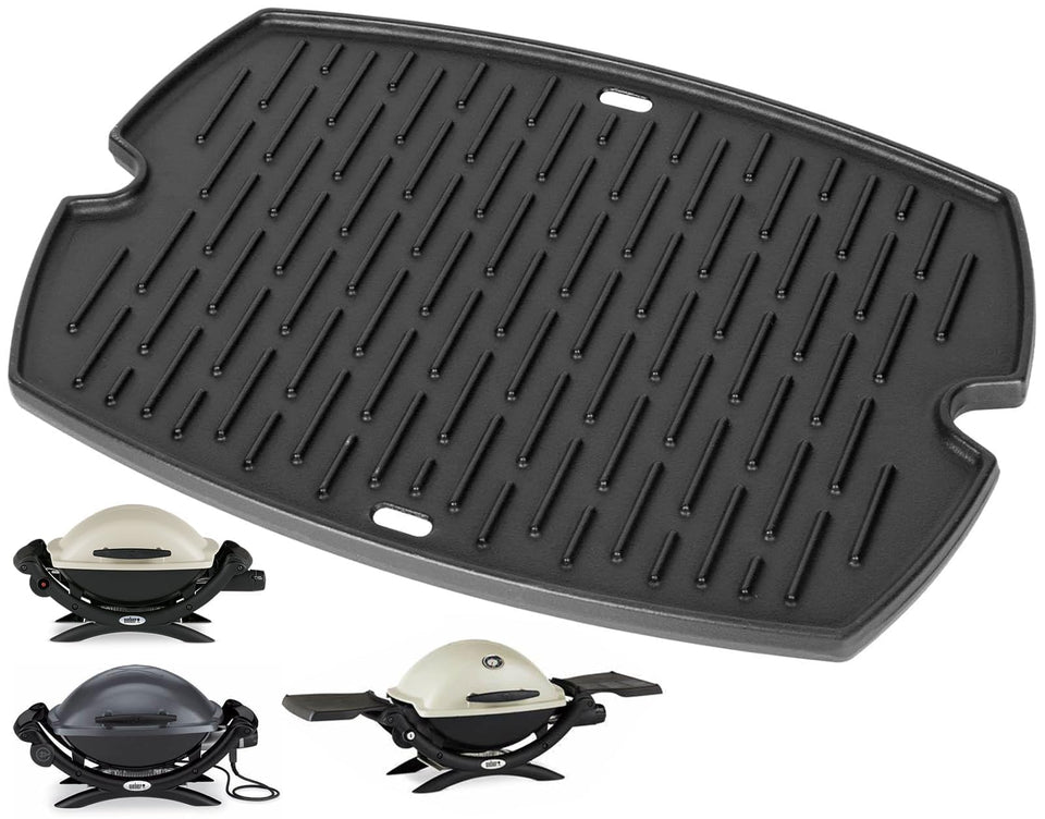 PETKAO Weber Q griddle 7582 front view shows sturdy cast iron.