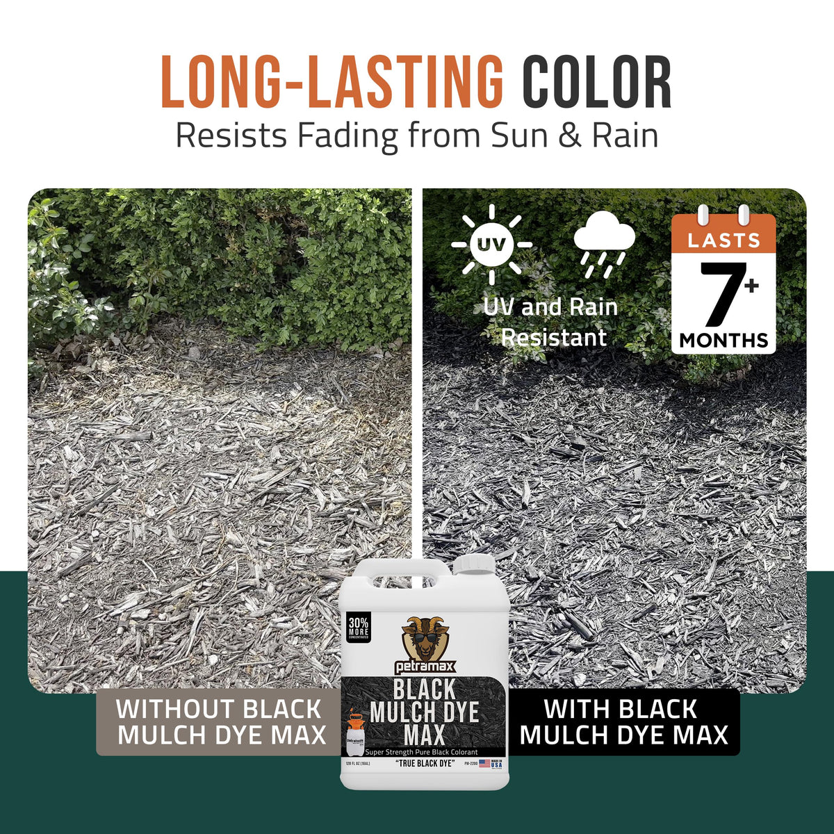 Petra Black Mulch Dye Spray applied to rubber mulch for uniform color.