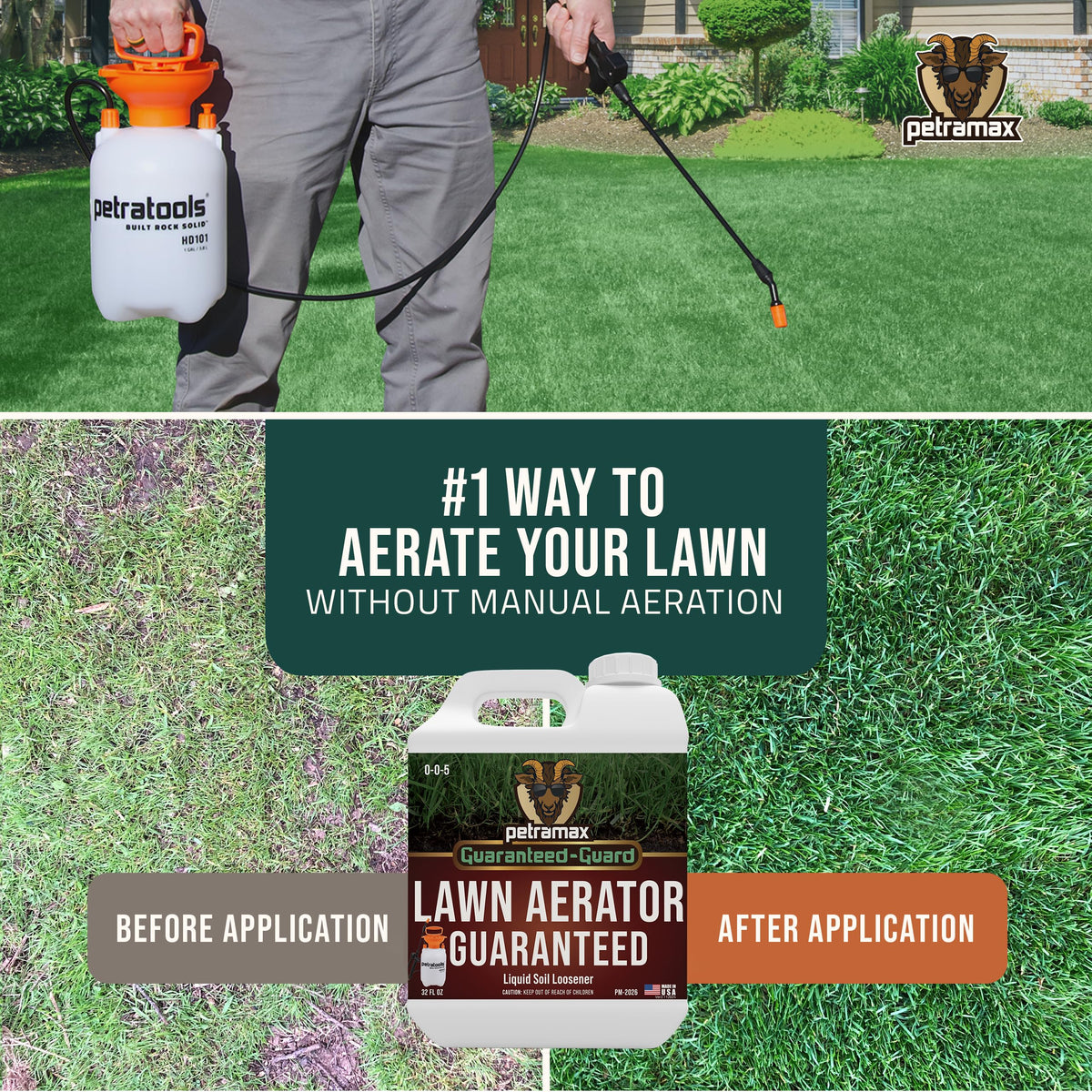 Petramax liquid lawn aerator bottle dispense for even coverage on turf.