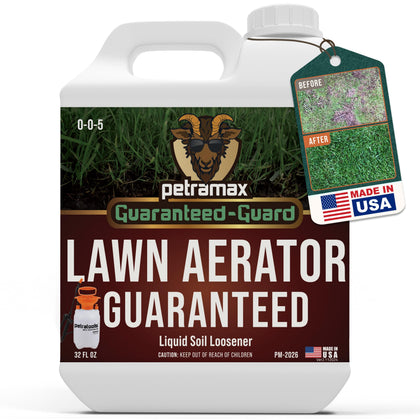 Petramax liquid lawn aerator bottle pour for easy lawn treatment.