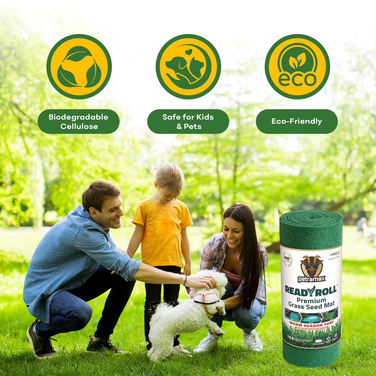 Petramax ReadyRoll year-round green blend promotes lawn health across seasons.