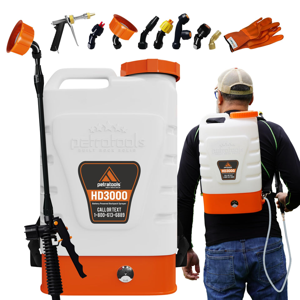 PetraTools HD3000 backpack sprayer ready for efficient lawn treatments.